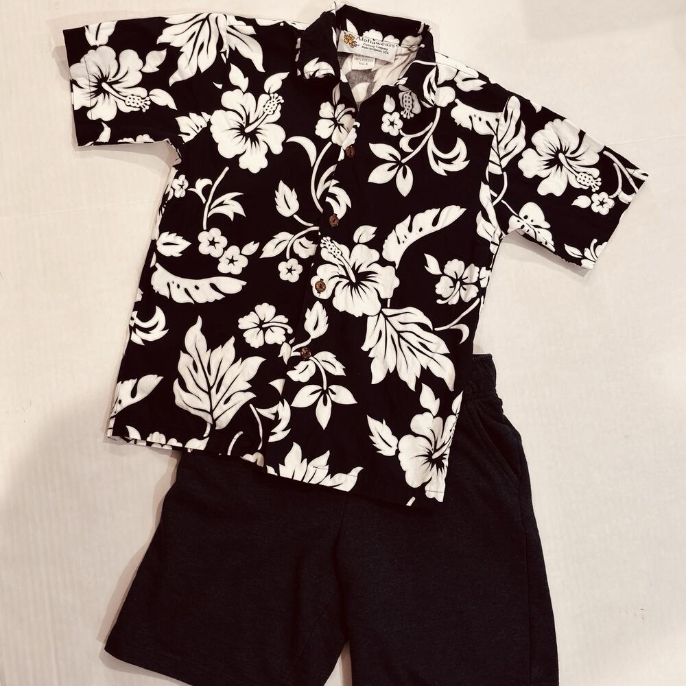 Boys Alohawears Hawaii Outfit Size 8 Navy Hibiscus Shirt Cat & Jack Shorts
